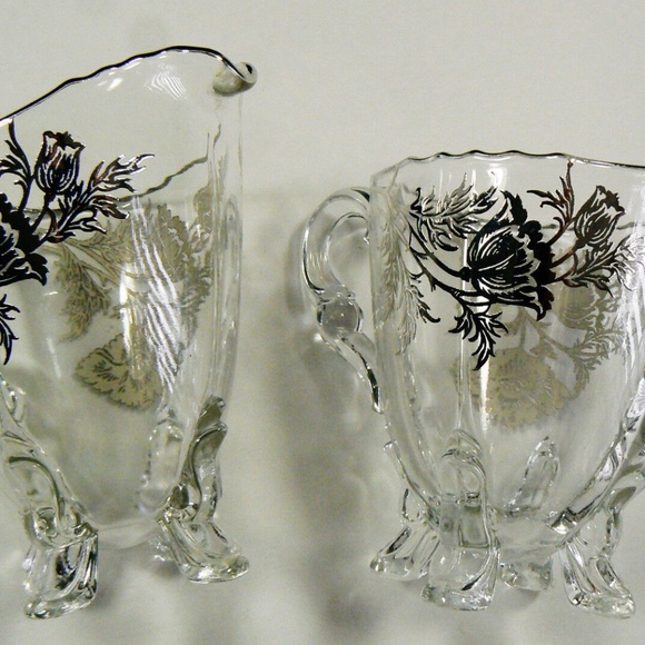 VINTAGE SILVER CITY FLANDERS FLOWERS CLEAR GLASS FOOTED SUGAR BOWL & CREAMER SET - Picture 7 of 10